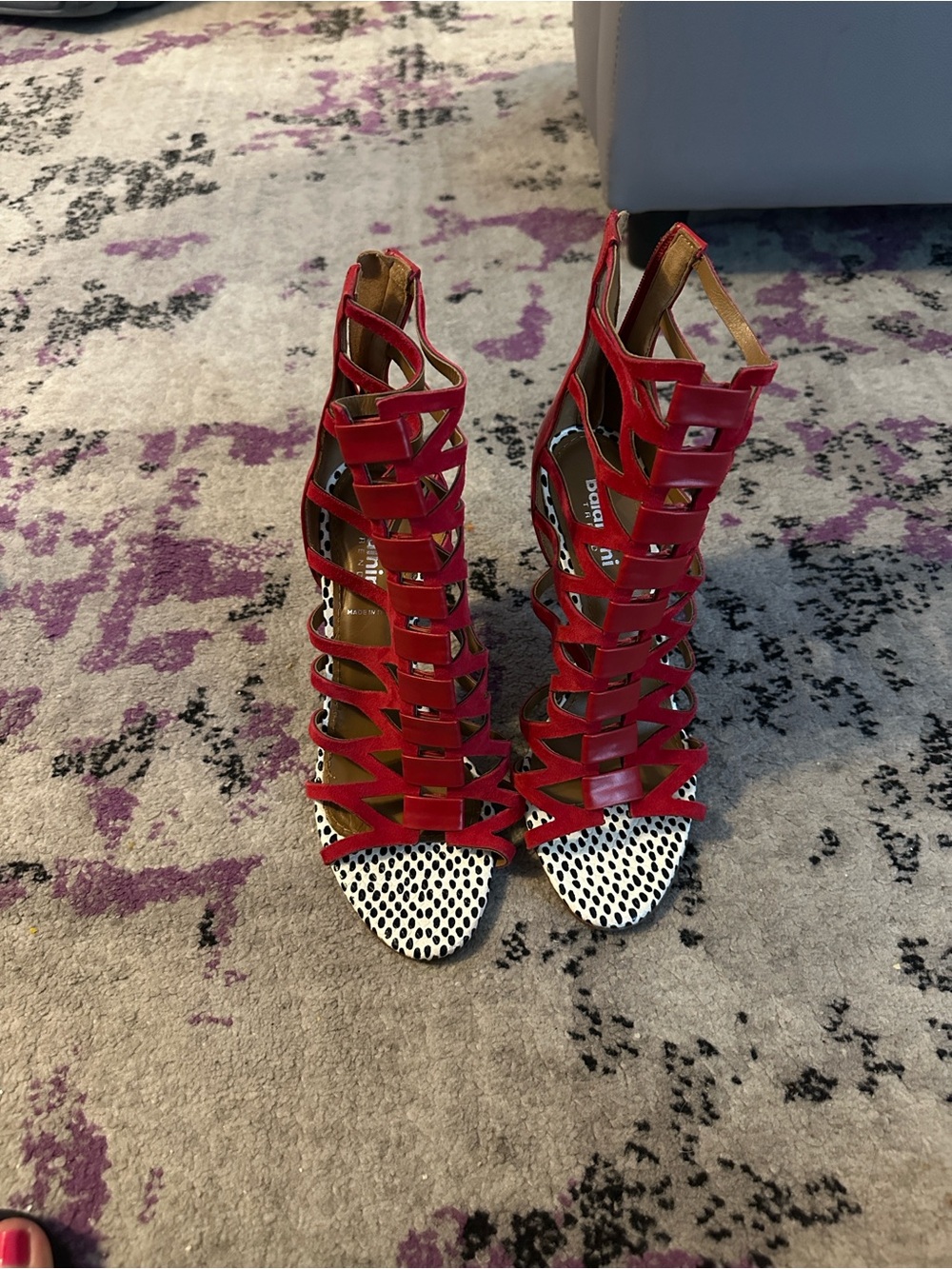 Vero Cuoio -Red Strappy High-Heel Sandals with Black & White Dot Insole